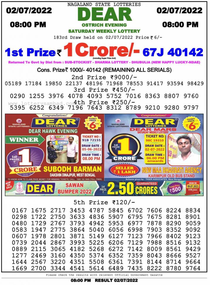 Dear Daily Result 8 Pm 2 July 22 All India Lottery Results