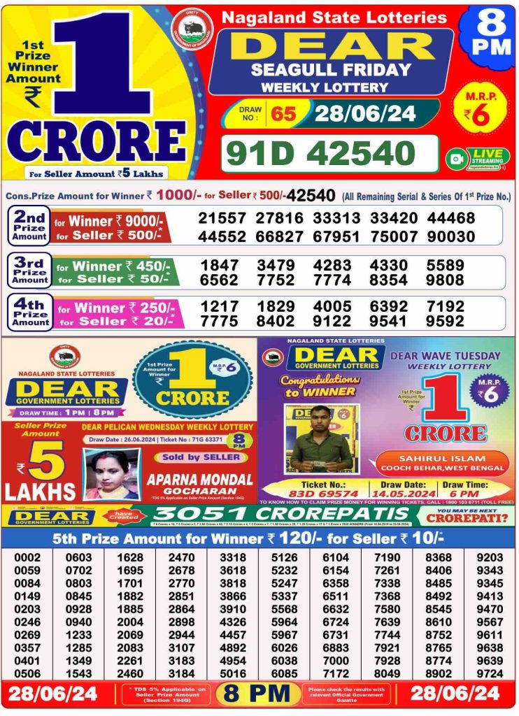 Dear Daily 8 Pm Result Lottery 28 June 2024 | All India Lottery Results
