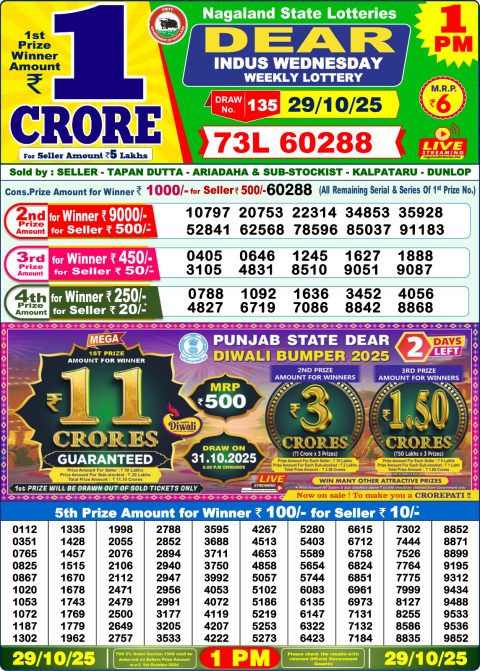 Dear Lottery 1pm Result 29.10.25