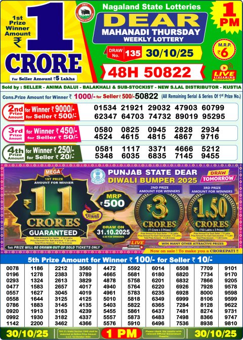 Dear Lottery 1pm Result 30.10.25