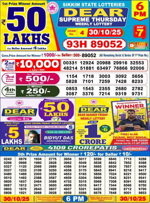 Dear Lottery 6pm Results 30.10.25