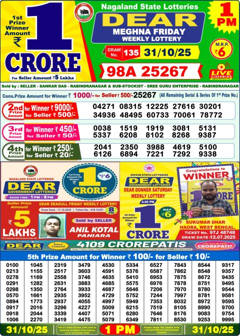 Dear Lottery 1pm Result 31.10.25