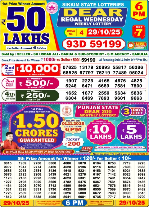 Dear Lottery 6pm Results 29.10.25