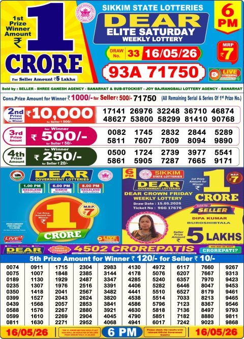 Dear Lottery 6pm Results 16.05.26