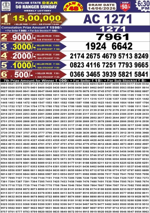 Punjab State Dear 50 Lottery 6:30pm Result 14.06.26