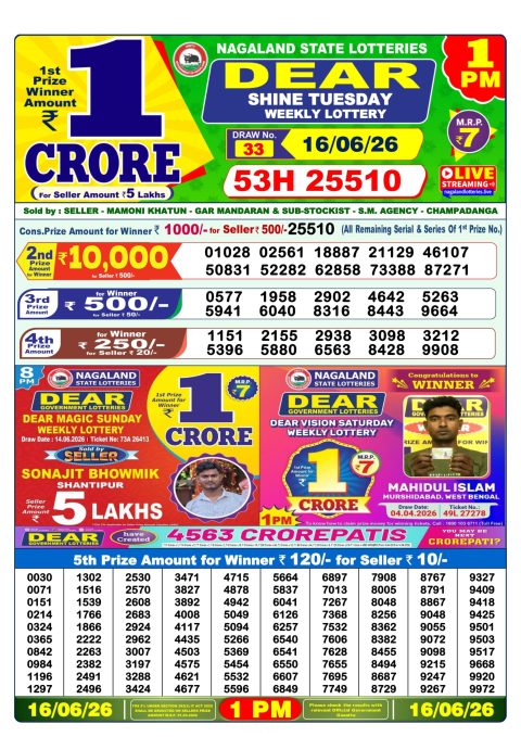 Dear Lottery 1pm Result 16.06.26
