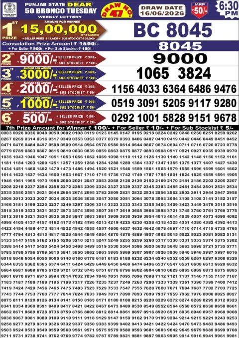 Punjab State Dear 50 Lottery 6:30pm Result 16.06.26