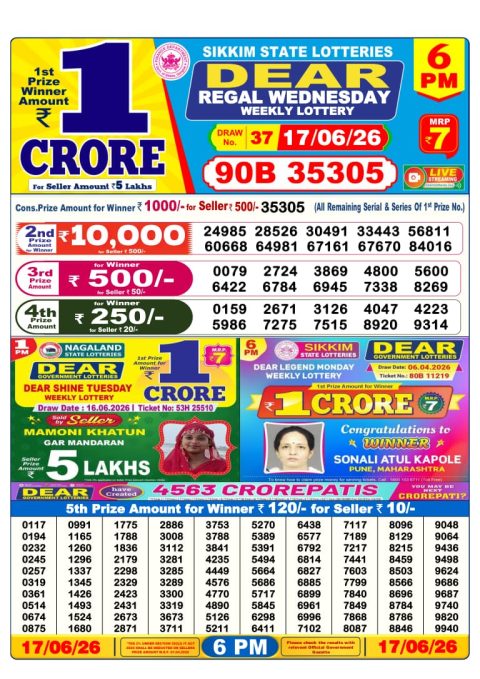 Dear Lottery 6pm Results 17.06.26