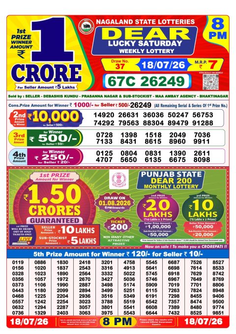 Dear Lottery 8pm Result 18.07.26